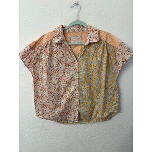 American Eagle Womens Floral Patchwork Button-Up Short Sleeve Blouse Medium